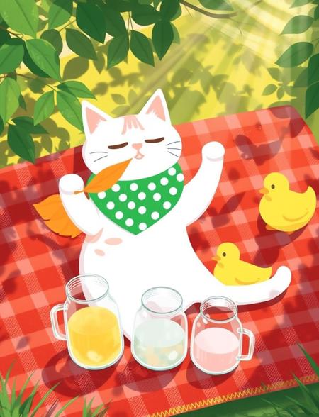 This digital drawing depicts an anthropomorphic white cat wearing a green polka-dotted bandana lying on a checkered red and orange blanket. The cat, with a serene expression, holds an orange leaf in its mouth and has a matching orange feathered sleeve. A yellow duck, looking curious, approaches it on the right. In the foreground, three glass jars containing drinks sit on the blanket, and sunbeams filter through nearby tree leaves, creating a peaceful outdoor picnic scene.

high quality, best aethestic, best composition