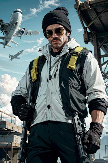 TrevorGTA, 1boy, male focus, hat, solo, gloves, weapon, aircraft, gun, holding, pants, holding weapon, sunglasses, sky, glasses, cloud, holding gun, outdoors, vest, black headwear, airplane, facial hair, black gloves, standing, beanie, handgun, baseball cap
,masterpiece, best quality, cinematic lighting,
<lora:epi_noiseoffset2:1>,   <lora:TrevorGTA:0.7>