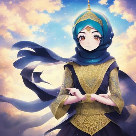 1girl for Anime Arabic Style, magical elements, elaborate backgrounds, traditional Arabic clothing, colorful and vibrant, detailed character design,  calligraphy elements, fantasy setting, mystical powers, Hejab Islamic, emotional expressions, studio lighting, clear skies, anime-style hejab,  environmental effects, Islamic motifs, camera effects, vibrant colors, unique camera angles, soft lighting,  Studio Lights, Natural Light, Rim Lighting, Colored Lights, Soft Lighting, Hard Lighting,