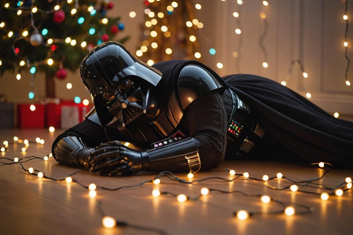Darth Vader Laying Down on the Floor in Front of Christmas Lights