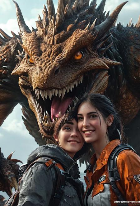 ultra-realistic, highly detailed, 4k, dramatic, concept art, photo selfie of couple smiling with giant monster behind hungry, fantasy art, digital art, close-up, dramatic lighting, trending on artstation, realistic matte painting, cinematic composition