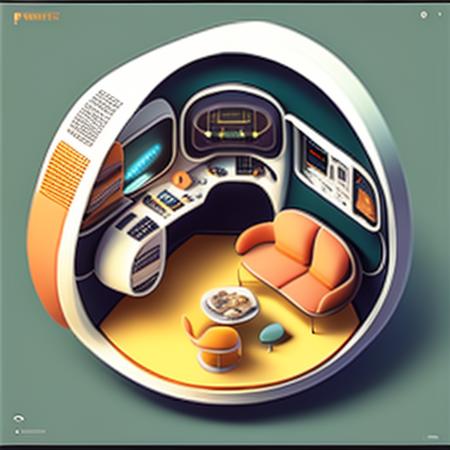 a photo of the nice Isometric_Dreams, a circular view of a living room with a table and chairs and a kitchen in the background with a clock on the wall