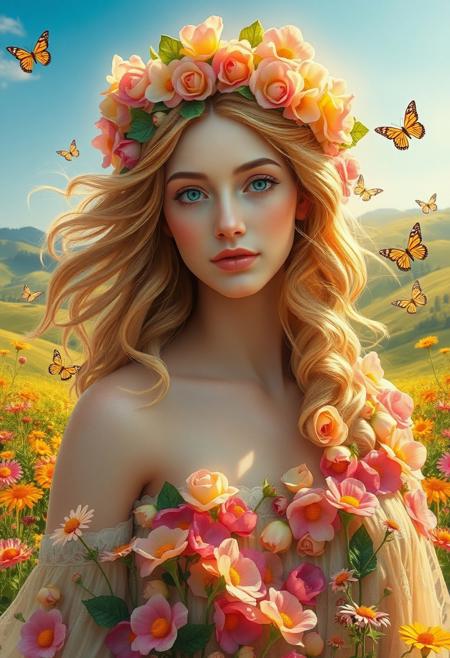 Masterpiece. A close-up portrait of the goddess Flora, the Roman deity of flowers, spring, and renewal. She is depicted as a graceful figure with flowing hair adorned with a crown of vibrant blossoms. Her attire is a flowing, ethereal dress made of petals in shades of pink, green, and gold, symbolizing the abundance of nature. Surround her with a lush garden filled with colorful flowers in full bloom, delicate butterflies, and a soft golden light that enhances the scene's magical and serene atmosphere. The background should include rolling meadows and a clear blue sky. beautiful woman, inspiring, flower, high-res, semi realistic, best quality, intricate details, ultra details, good lighting, vibrant colors, very detailed, octane render, ray tracing