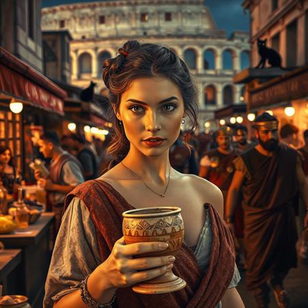 Setting is a 1st century Roman Empire market in Rome at night, the market is comprised of street vendors selling, food, weapons, and clothing. Everyone and everything in the image is appropriate for a scene from Ancient Rome, People wearing Roman clothing are walking through the street market shopping and eating, in the foreground is a merchant selling beverages and food at a market kiosk, (((a beautiful woman, 24 years old is standing in the foreground, the woman  facing the viewer with a clay goblet of wine in her hand. Her eyes are beautiful and focused on the viewer, she has an expression of interested curiosity))), Roman Soldiers are walking behind the beautiful woman, one of the solders turns to look at the beautiful woman, many people are walking by in the busy street market, the woman is dressed in high fashion Roman Empire clothing with an alluringly sexual, but traditional roman aesthetic. The woman's hair is elegantly tied up with a ribbon. Artistic ancient Roman aesthetic, dynamic perspective, (((overall architectural aesthetic is Ancient Rome in 1st Century Roman Empire era))).  Epic image that elicits a feeling of wonder and awe, Rome Coliseum Roman Forum architecture in background, a sleek black cat is visible sitting on a kiosk roof in the background,