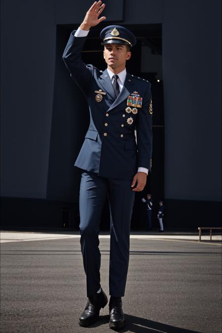 RAW photo, absurdres, high quality, photorealistic, sharp focus, airforce_uniform, 
a man wearing an air force uniform, looking at viewer, upper body, pants, boots, waving at viewer, 
outdoors, sunlight, 
photo realism, ultra-detailed, 50mm, f1. 4, 8k uhd, film grain, 
 <lora:airforce:1>