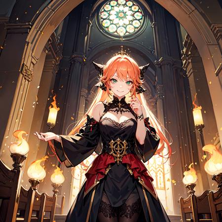 gothic cathedral, beautiful 1girl, levitating, cute face, crazy and bloodthirsty, standing in fire, hands on lap, calm smile, (tatsumaki:0.6,0.2) BREAK concept art