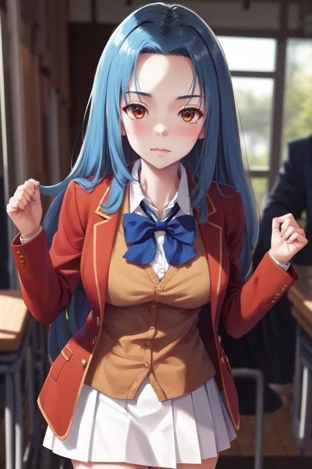 masterpiece, best quality, highres, 1girl haruka hasebe blue hair, school uniform white skirt white skirt red jacket orange vest blue bowtie <lora:haruka_hasebe:1> leaning forward