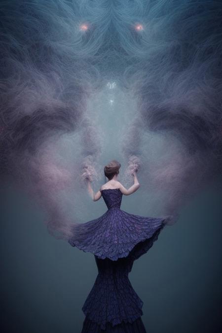 surreal, waltz of fractal smoke over the abyss, fantasy smoke, dresses and stars, dynamics, movement, wind, colorful, intricate details, perspective, hyper-detailed, hyper-realism, professional photoshoot