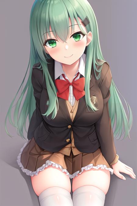 masterpiece, best quality, highres, solo, {suzuya_kantaicollection:1.10}, long_hair, hair_ornament, aqua_hair, hairclip, breasts, blush, smile, aqua_eyes, green_eyes, large_breasts, hair_between_eyes, green_hair, 1girl, school_uniform, looking_at_viewer, jacket, brown_jacket, bow, bowtie, skirt, blazer, red_bow, cardigan, pleated_skirt, brown_skirt, red_bowtie, shirt, long_sleeves, frilled_skirt, thighhighs, brown_thighhighs, white_shirt, simple_background, white_background, frills