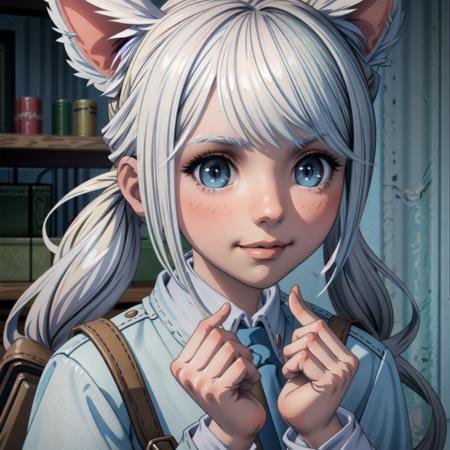 anime screencap,ffxiv,miqo'te,catgirl,riqi-tio,(perfect hands),white hair,twintails,animal ears,blue eyes,smile,smirk,learning in a preschooler classroom,kindergarten uniform,school hat,kindergarten bag,(dynamic pose),perfect hands,waving,
((best quality,masterpiece)),(complex detailed background),volumetric lighting,realistic shadows,
<lyco:envybetterhandsLocon:1>,<lora:riqi-tio:0.5>,<lora:add_detail:0.6>