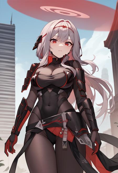 scrltdef, yellow eyes, long hair, grey hair, hair ornament, hat, hat ornament, chest strap, white leotard, cleavage, bare shoulders, single shoulder pad, single vambrace, hip armor, white legwear scrltbs, red eyes, long hair, grey hair, bangs, halo, headgear, red hair ribbon, single shoulder armor, black bodysuit, cleavage, bodystocking, covered navel, black legwear, gloves scrltrnd, yellow eyes, long hair, bangs, grey hair, breasts scrltbs, red eyes, long hair, grey hair, bangs, headgear, red hair ribbon