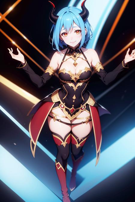 <lora:CREATED_ANIME_ShingekiNoBahamut_nina_v01_5nina_15reg_auto:0.8>nina \(shingeki no bahamut\), devil disguise black, blue hair, horns, detached sleeves red, demon tail black, smile, full body, amber_eyes, 64K, f1.2, 800mm, UHD, dynamic lighting, anime screencap