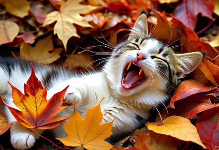 portrait of adorable kitten yawning waking from nap. in pile of fall leaves, (orange, red, yellow, leaves). detailed, natural morning light, Insanely detailed painting by Pino Daeni, Jeremy Mann, Carne_Griffiths, Wadim Kashin, James Gurney, 16k resolution, fine art, natural light, beautiful
