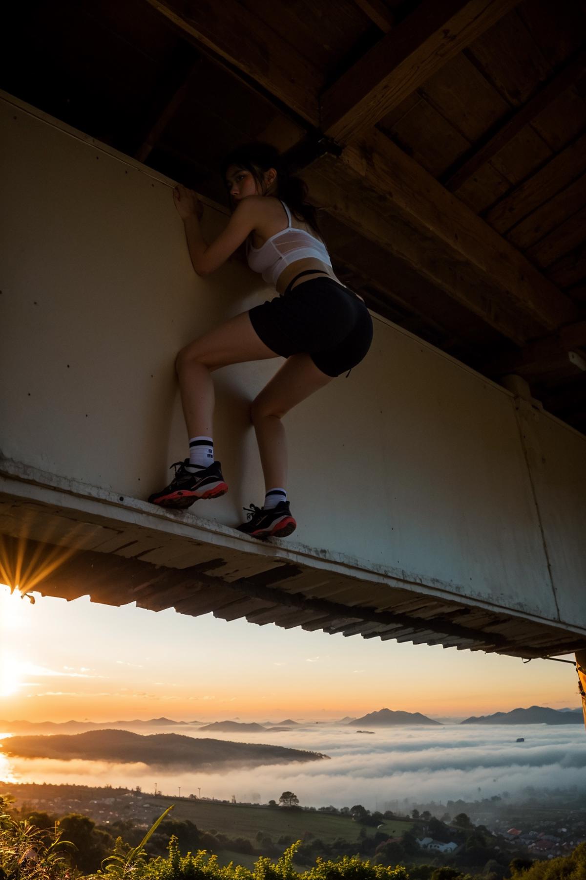 Woman Climbing Wall at Sunset - Outdoor Adventure with Mountains in Background