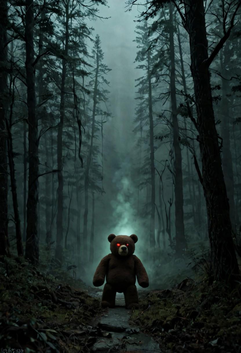 The teddy bear stands in a dense, foggy forest, its demonic face visible amidst the dark trees. The bear’s fur appears shadowy and tattered, blending with the surroundings. Glowing eyes pierce through the fog, and a faint, haunting laugh seems to echo in the silence of the woods, creating an unsettling atmosphere.