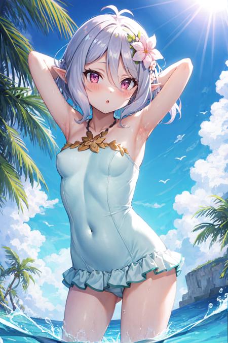 masterpiece, best quality, ultra-detailed,1girl, :o, armpits, arms behind head, arms up, bare shoulders, blue sky, blush, breasts, casual one-piece swimsuit, cloud, collarbone, cowboy shot, day, eyes visible through hair, flower, frilled swimsuit, frills, hair flower, hair ornament, halterneck, horizon, kokkoro, ocean, one-piece swimsuit, outdoors, parted lips, pink flower, sky, solo, standing, sun, sunlight, swimsuit, water, white flower, white one-piece swimsuit <lora:kokkoro_v1:1>