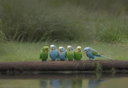 several parakeets on the edge of a lake drinking and bathing, background Australian bushes and meadows, very realistic photography