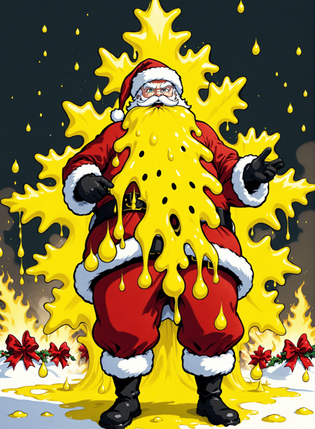 yellow theme, santa covered in yellow slime standing under the mistletoe during a nuclear explosion, yellow flames