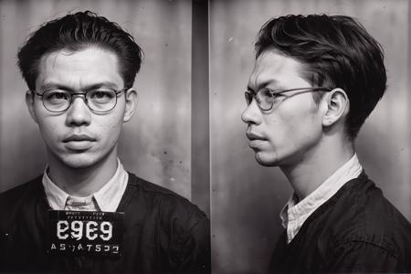 VintageMugshot, front and side mugshot photo of a young man, chinese, eyeglasses, black shirt <lora:Mugshot:1>