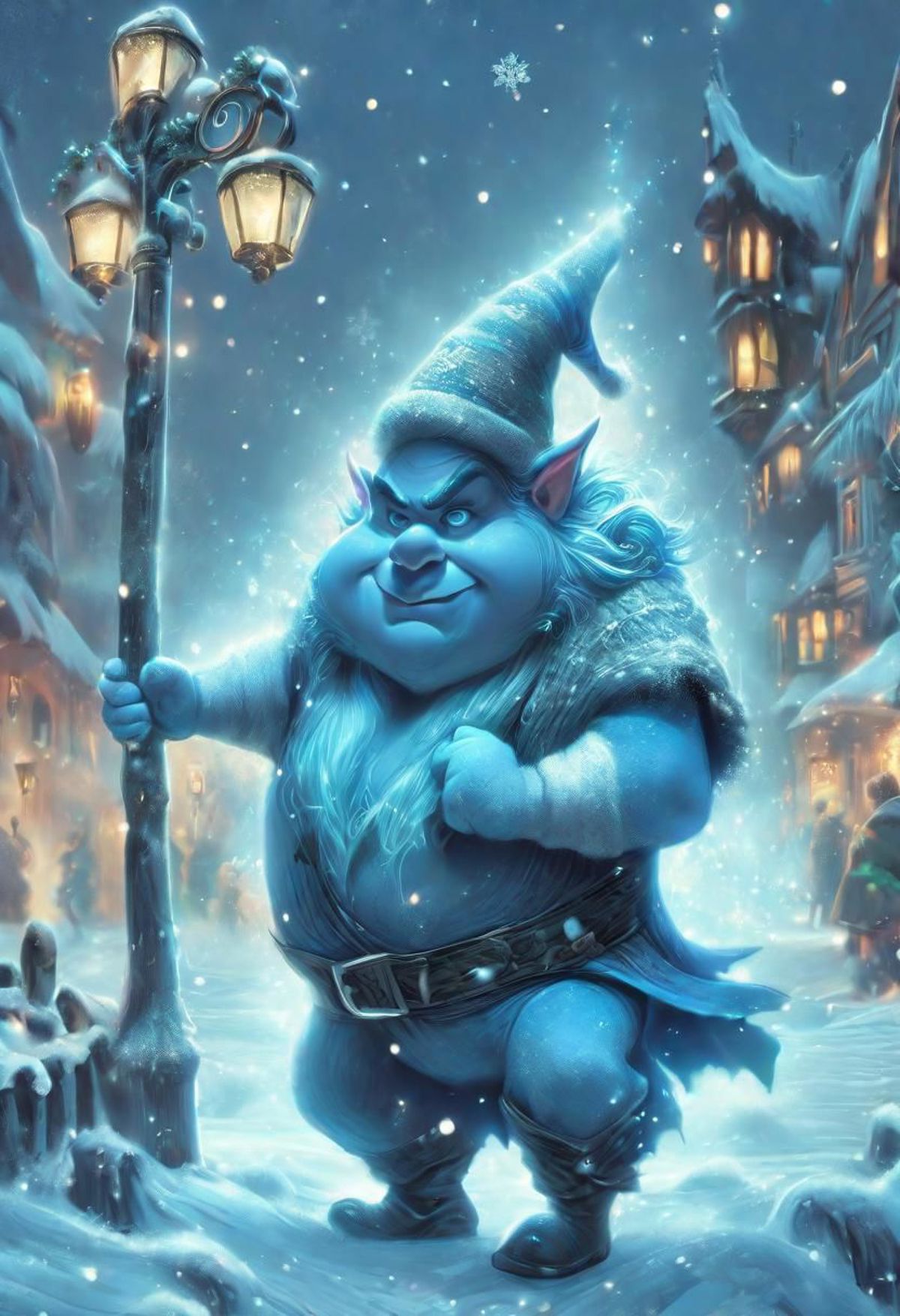 A blue, angry-looking character wearing a wizard hat and holding a lamp post.