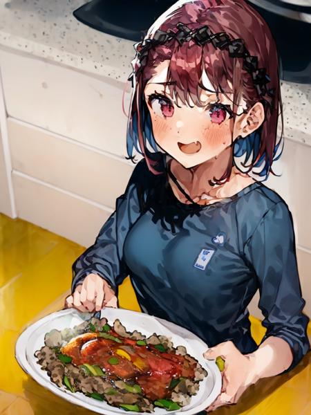 (((((1girl))))), red hair,small breasts, pink eyes, blue apron,black shirt, holding plate, hailijianbing, female focus, upper body,kitchen, 2d, <lora:hailijianbing:1>, masterpiece, best quality,