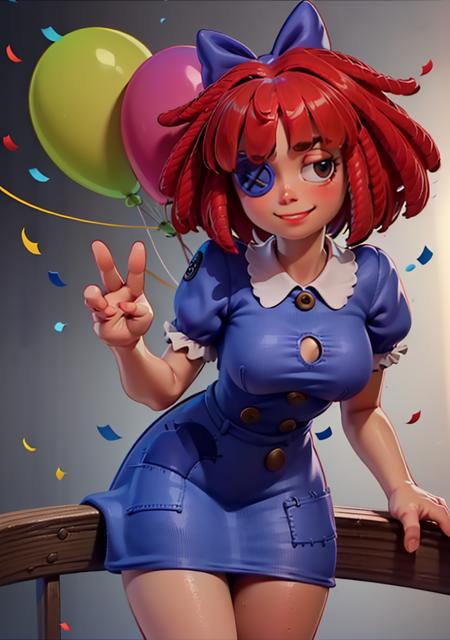 (Ragatha, one leg up, leaning forward, cute:1.2), (hair bow, short sleeves, dress with patches, short hair, button eyepatch), large breasts  happy, smile, looking at viewer, cute, from below, (inside circus, mechanical games, balloon, confetti:1.2), 
(detailed landscape:1),(dynamic pose:1.2),(dynamic angle:1), (cowboy shot:1.2),
(masterpiece:1.2), (best quality, highest quality), (ultra detailed), (8k, 4k, intricate) ,(ambient light:1.3), realistic, render, unity,
<lora:Ragatha_character-20:0.8> <lora:3DMM_V11:0.3> 3DMM,