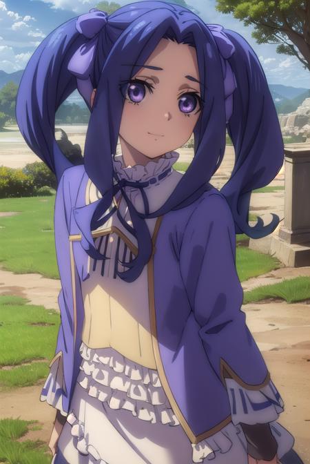 meltyqmelromarc, <lora:melty q melromarc s3-lora-nochekaiser:1>,
melty q melromarc, long hair, ribbon, twintails, blue hair, (purple eyes:1.1), hair ribbon, purple ribbon, (parted bangs:1.5), smile,
BREAK long sleeves, dress, frills, ribbon trim, purple dress,
BREAK outdoors, forest, nature, sun, sky, trees, clouds, grass,
BREAK looking at viewer, (cowboy shot:1.5),
BREAK <lyco:GoodHands-beta2:1>, (masterpiece:1.2), best quality, high resolution, unity 8k wallpaper, (illustration:0.8), (beautiful detailed eyes:1.6), extremely detailed face, perfect lighting, extremely detailed CG, (perfect hands, perfect anatomy),