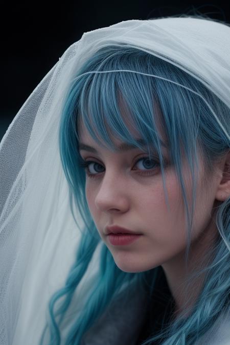 macro shot of a ghostly female silhouette, messenger of ice, frozen armor,  canvas hood, elements, ice from inside, neon blue hair, cinematic still, movie screencap, dynamic angle, 100mm f/2.8 macro lens, hard shadows, <lora:glowneon_xl_v1:1>,  <lora:more_details:0.8>