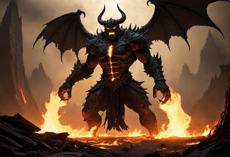 Balrog. Imagine, if you will, a being forged in the crucible of chaos, its form a melding of flame and shadow, a manifestation of primordial dread given shape. Picture a towering figure, cloaked in billowing smoke and engulfed in flickering flames that dance with an eerie grace, casting sinister shadows upon the cracked and desolate landscape it traverses. Its massive frame, clad in scorched armor adorned with runes of ancient malice, exudes an aura of malevolence that chills the very air around it. Atop its horned helm rests eyes of searing fire, burning with an intensity that pierces through the darkest depths of the abyss. From its gaping maw, a roar echoes like thunder, a primal scream that heralds doom and despair to all who dare to oppose it. Its whip-like tendrils of flame lash out with deadly precision, leaving naught but scorched earth and shattered hopes in their wake.