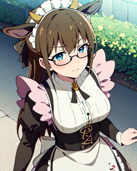 CowAceMaidR4, 1girl, brown hair, blueyes, glasses,  maid, maid apron, main headdress, animal ears, cow horns,