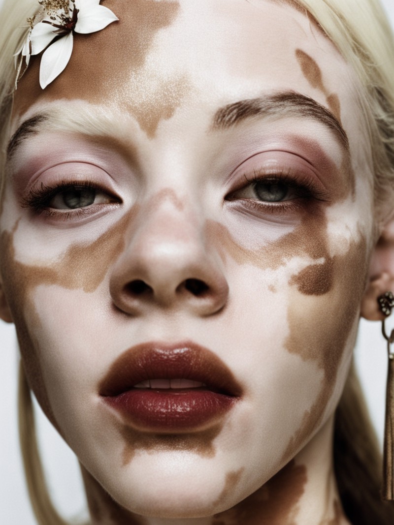 Vivienne Westwood fashion editorial style of a white elf with vitiligo , pale skin,  floral organic dreamy,  <lora:Vitilig...