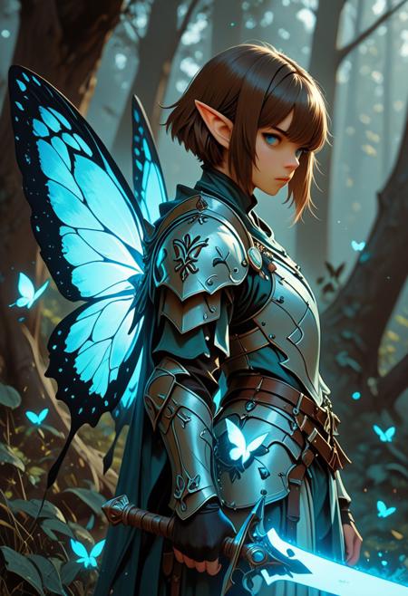 score_9_up, score_8_up, score_7_up, score_6_up. masterpiece, best quality, good quality, very aesthetic, absurdres, semirealism, fantasy, 8K, depth of field, focused subject, cowboy shot, Elf knight, 19yo, androgynous, pointed ears, short brown hair, male haircut, blue eyes, wearing detailed armor, wielding blue glowing sword, he is standing, sword resting against the ground, large white glowing butterfly wings on the knight's back, trees in background, hkvaloria