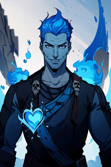 centered, award winning upper body portrait, cowboy shot, (looking at viewer:1.2), |
<lora:Hades_Disney:0.7>, Hades_Disney,  (blue fire:1, fiery hair, blue fire), solo, 1boy, (heart on fire), young handsome face,
grey skin, smile,
skull accessory,
| blue fire, 
| bokeh, depth of field, cinematic composition, |  dynamic pose,