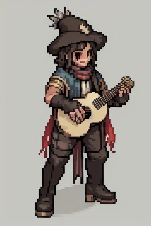 1boy, brown_hair, wavy_hair, charismatic_smile, feathered_hat, ornate_doublet, silk_shawl, lute, thigh_high_boots, embroidered_pants, fingerless_gloves, music_notes, traveling_pack, bard, minstrel, high_fantasy, rpg, game_character, detailed pixel shading, high contrast lighting, soft shadow underneath, 32-bit color palette, 256x256 resolution, crisp edges, no anti-aliasing, RoSprite ROSprites,ROSpriteVX