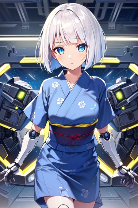 (sfw), intricate details, (bright neon colors), detailed background, daylight, indoors, 1girl, (petite, (expressionless cute face, bright glowing blue eyes), (human torso, petite perky breasts, yukata, robotic arms, robotic legs), (white hair, bob cut)), dynamic angle