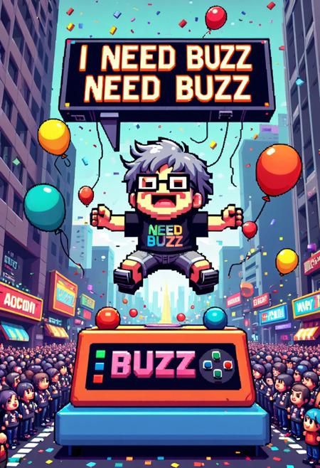 A colorful 16-bit pixel art scene inspired by classic retro video games. A chibi character with semi-gray hair, glasses, and a tech-themed T-shirt stands on top of a parade float in a pixelated downtown street, passionately singing into a microphone. The float is decorated with pixel speakers, lights, and confetti. Pixelated crowds cheer and dance below, with balloons floating in the sky. In the background, a giant pixel-style banner or neon sign displays the phrase "I Need BUZZ" in glowing retro arcade font. Daytime setting, old-school video game vibe, limited color palette, nostalgic and fun atmosphere