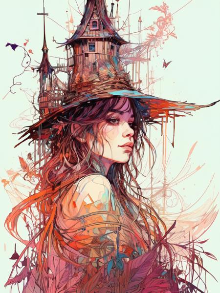 Abstract style a young witch in her tower| centered| key visual| intricate| highly detailed| breathtaking beauty| precise lineart| vibrant| comprehensive cinematic| Carne Griffiths| Conrad Roset . Non-representational, colors and shapes, expression of feelings, imaginative, highly detailed