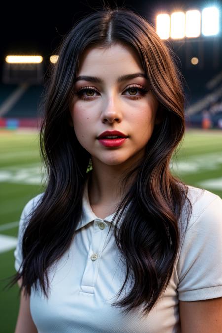 photo of (EPRbyH3xx:0.99), closeup portrait, perfect hair, (modern photo, Polo shirt and khaki shorts), 24mm, (analog, cinematic, film grain:1.3), ((sports arenas and stadiums, gypsum board, halogen floodlights,glow-in-the-dark insects, bollard lights, gradient:1.1)), ((detailed eyes)), ((eyeliner, long lashes)), (arm up), (epicPhoto), long eyelashes, (perfect waist), (painted lips)