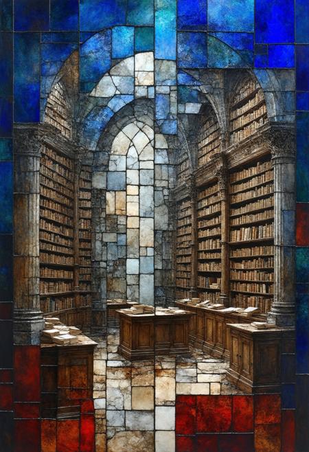 Construct a photorealistic painting of a colossal, decaying library, fractured into stained-glass panels. Multiple perspectives converge to create a chaotic yet strangely harmonious composition, with stacks of books, ornate bookshelves, and gothic arches rendered as geometric shards radiating a warm, internal glow. The color palette employs deep indigo, aged parchment, and crimson red, highlighting intersecting lines and fragmented forms. Integrate subtle photorealistic details within each glass shardâthe texture of faded ink, the grain of ancient woodâto create a compelling blend of abstract geometry and tangible history, evoking a sense of forgotten knowledge and silent grandeur.