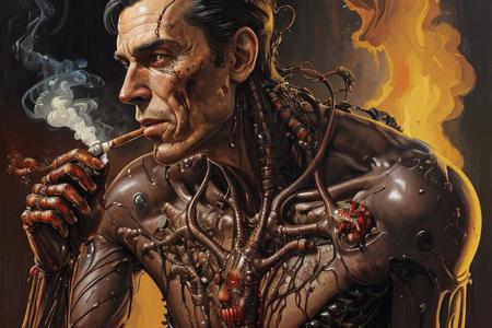 goopy vincent di fate norman rockwell portrait of a man smoking a cigarette highly visceral viscera gory gore technology cyborg augmentations biopunk biomechanical