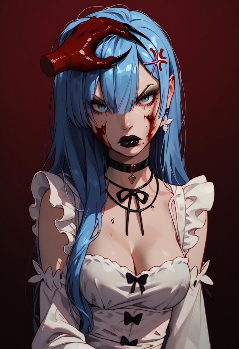 score_9, score_8_up,score_8, score_7_up,score_7,masterpiece, highly detailed, slim waist, medium ass,sensual, seductive, slut,Rem
see-through clothes, medium breasts, blood, blue hair, dress, fingernails, white dress, severed head, 1girl, red background, holding head, long fingernails, long hair, red lips, sharp fingernails, cleavage, (disembodied head:1.3), black nails, blood on clothes, blood on face, makeup, sitting, blood on hands, solo, wide sleeves, red nails, long sleeves, looking at viewer, demon girl, nail polish, jewelry, necklace, dripping, simple background, guro, Angry, (black choker:1.2), very long fingernails, pool of blood, gradient background, black lips,