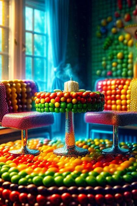 Skittles,  Taist the rainbow diner made of skittles, diner table, extreme detailed, table focus, champagne, candles, more_details.
