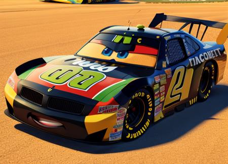 race car, cartoon,car, nascar, vehicle, detailed, cg, detailed eyes and mouth, 3d rendering, pixar, eyes, looking at viewer, hq rendering <lora:pixarcars:1.2>, ho humans, character art