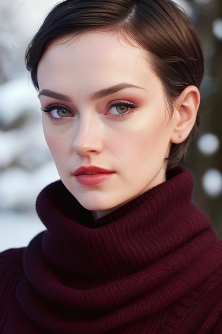 photo of a woman, daisyr-1836, ((dark brown hair, pixie cut)), ((turtleneck sweater, scarf, short hair):1.1), ((closeup, portrait)),((outdoors, snow)), ((red lipstick, makeup)), (serious), ((best quality, masterpiece, extreme details, high resolution):1.2),((detailed eyes, beautiful eyes, detailed face, beautiful face):1.2)