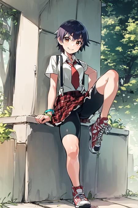 ((masterpiece,best quality, detailed)), outdoorsi, sitting, smile, (1girl, solo), leg up,
kanbaru suruga, bike shorts, necktie, suspenders, bracelet, plaid skirt, shorts under skirt, white shirt, sneakers,
short hair, bandaged arm