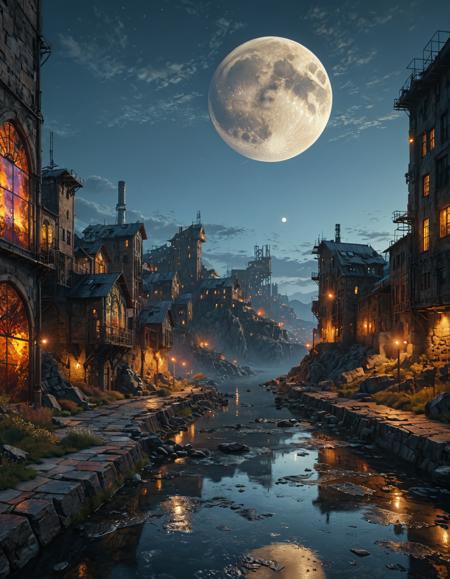 A serene, ethereal landscape, where the tranquil beauty of a (stained glass sky:1.2) meets the rugged, industrial harshness of a (metal and stone cityscape:1.15), bathed in the soft glow of a (full moon:1.32), photorealistic, cinematic, 8K sharp focus, Unreal Engine 5