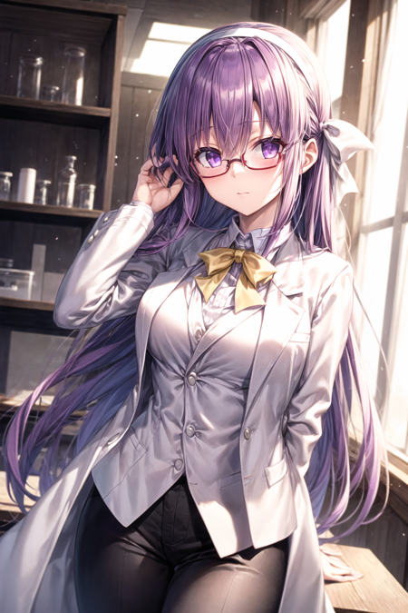 cowboy shot, 1girl, glasses, hair ribbon, purple hair, asakura rikako, white coat, yellow ribbon, white ribbon, long hair, violet eyes, long sleeves, black pants, hairband