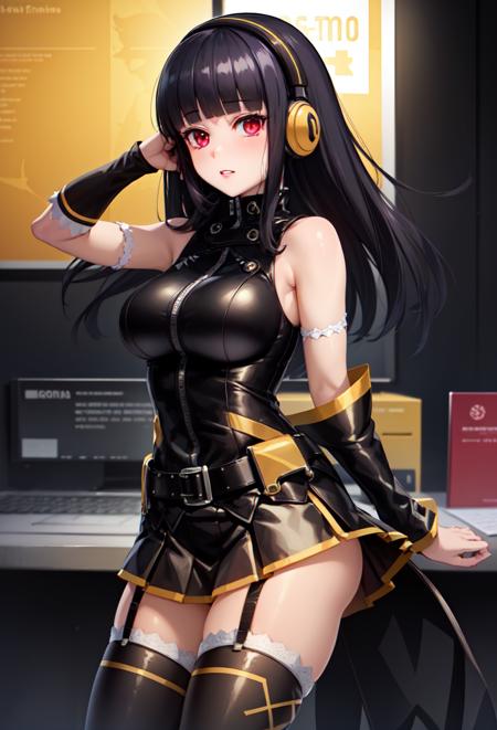 ((masterpiece, best quality)), 1girl, hinazuki lilina, black hair, red eyes, headphones, black shirt, black skirt, belt, sleeveless, zipper, garter straps, black thighhighs <lyco:hinazukiLilinaBeatmania:0.8>