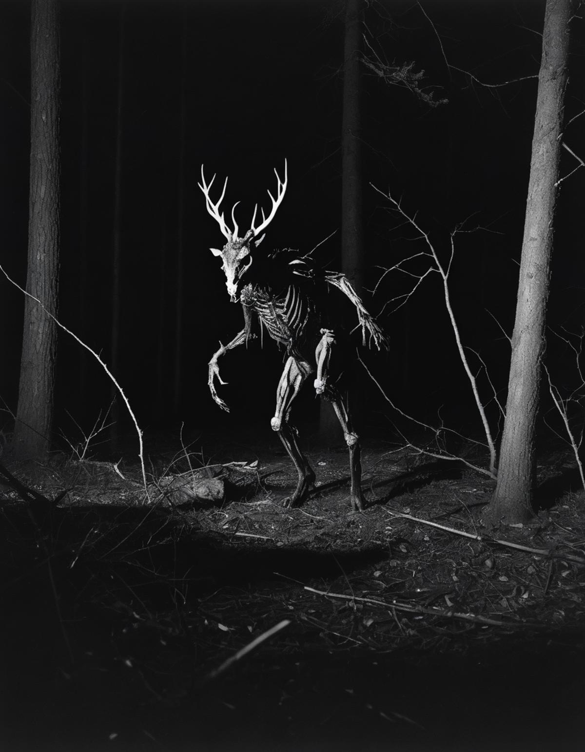 A skeletal deer with antlers walking in a dark forest.