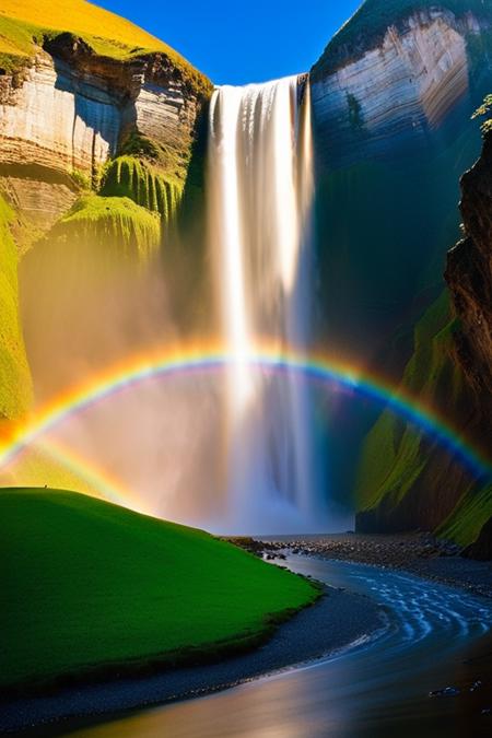 National Geographic nature photo, panning shot of a massive waterfall plunging over a cliff into a deep basin, low camera looking upwards, god rays, vibrant colors, rainbow, <lora:waterfallsXL:1>